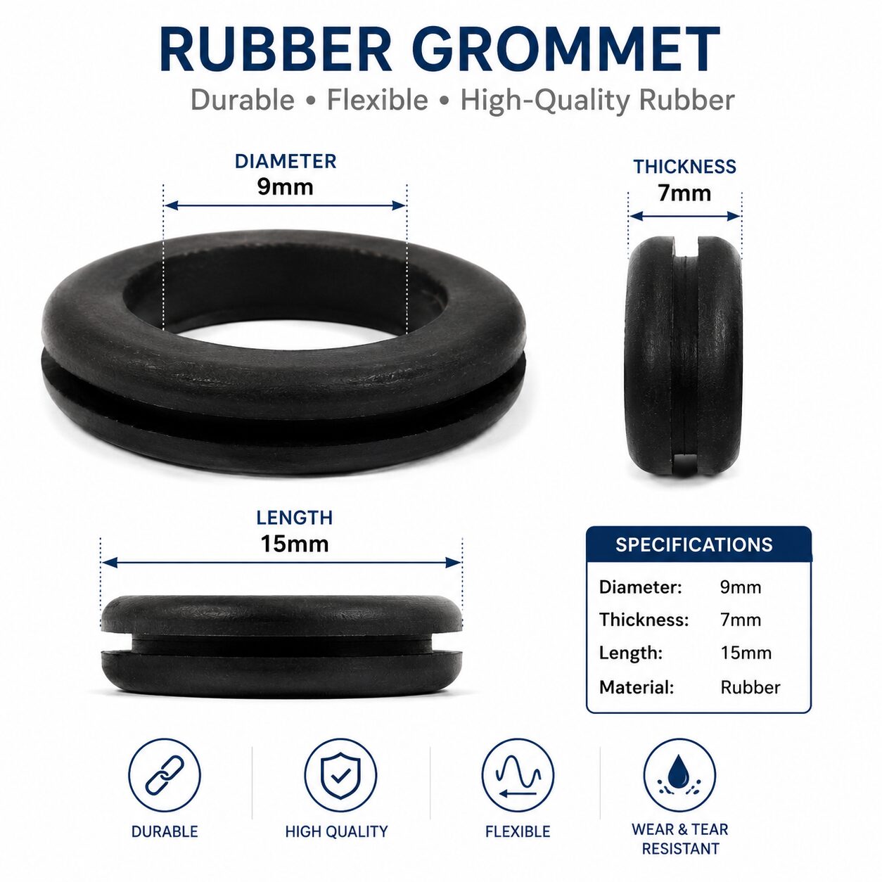 Rubber Grommets 9mm Dia. Wire Gasket Ring for Hole Plug Cable, Black 20 Pieces - Image 2