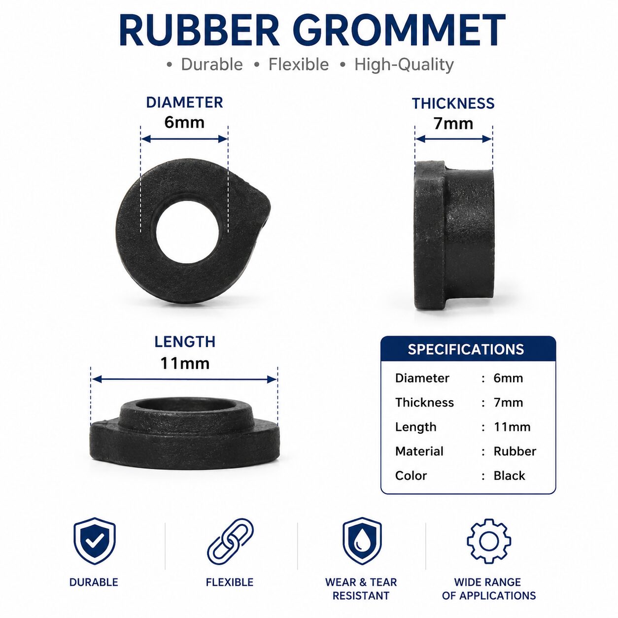 Rubber Grommets 6mm Dia., lenght 11mm,thinkness 7mm. Wire Gasket Ring for Hole Plug Cable, Black 20 Pieces